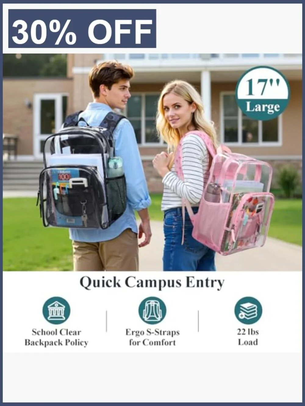 Heavy Duty Clear Backpack for School, 17 Inch Laptop Bookbag, Padded Straps,